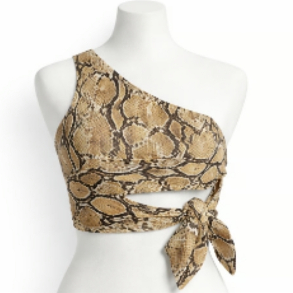 Snake-Print One-Shoulder Tie Wrap Crop Top